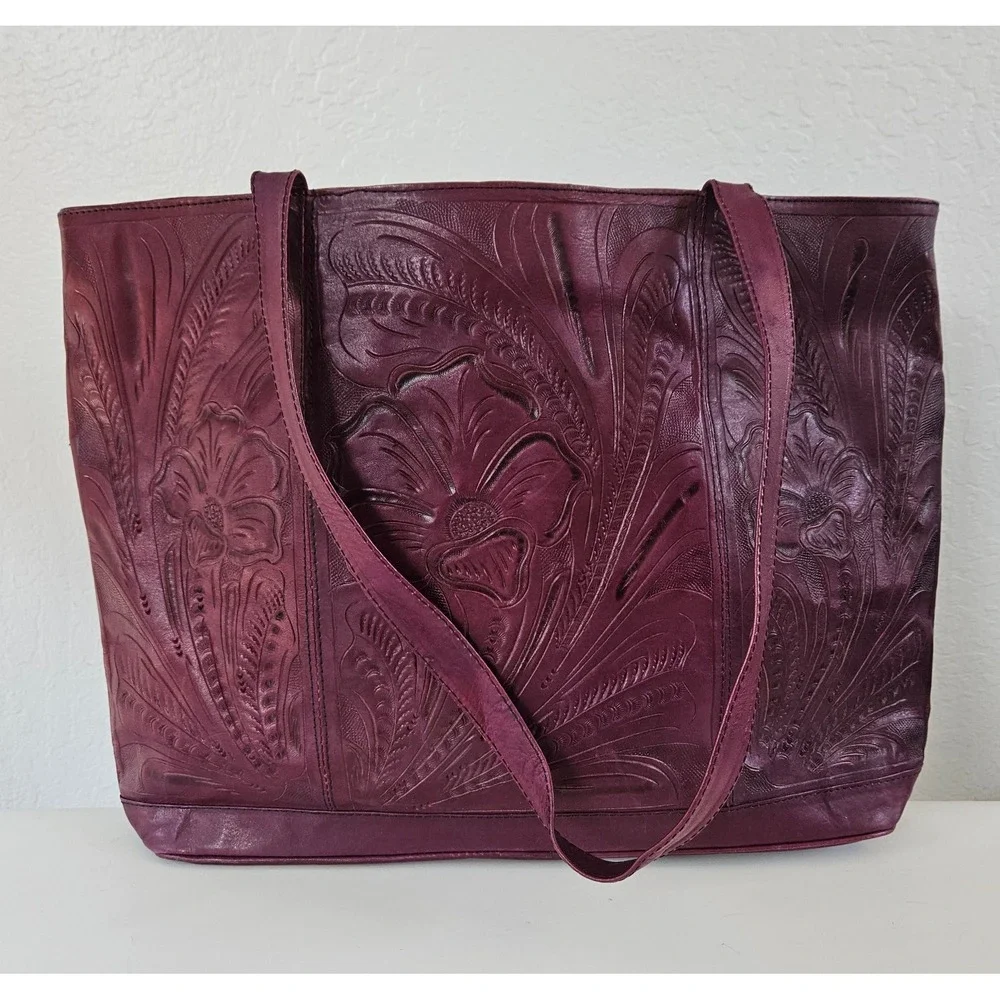 Leaders In Leather Hand-Tooled Tote Bag Burgundy Floral Boho Western Shoulder